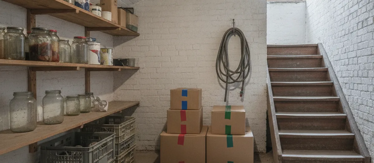 Blick in einen Keller mit weiß gestrichenen Ziegelwänden, Holzregalen voller Einweckgläser und mit Klebeband markierten Kartons, rechts führt eine schmale Treppe nach oben.
