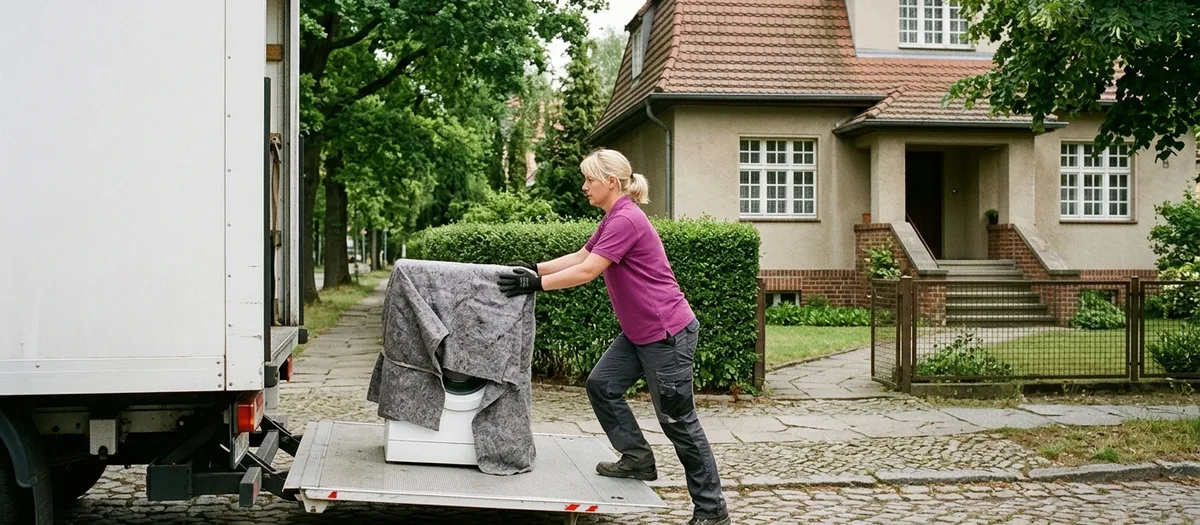 Umzugskraft schiebt eine in Decken gewickelte Waschmaschine über die Ladebordwand eines Möbelwagens, im Hintergrund die Hecke eines Grundstücks in Neuenhagen