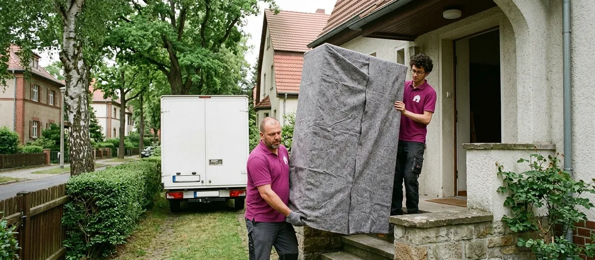 Zwei Umzugskräfte tragen einen in Decken geschlagenen Kleiderschrank über die Stufen zur Haustür eines Neuenhagener Einfamilienhauses, an der Straße wartet der Möbelwagen.