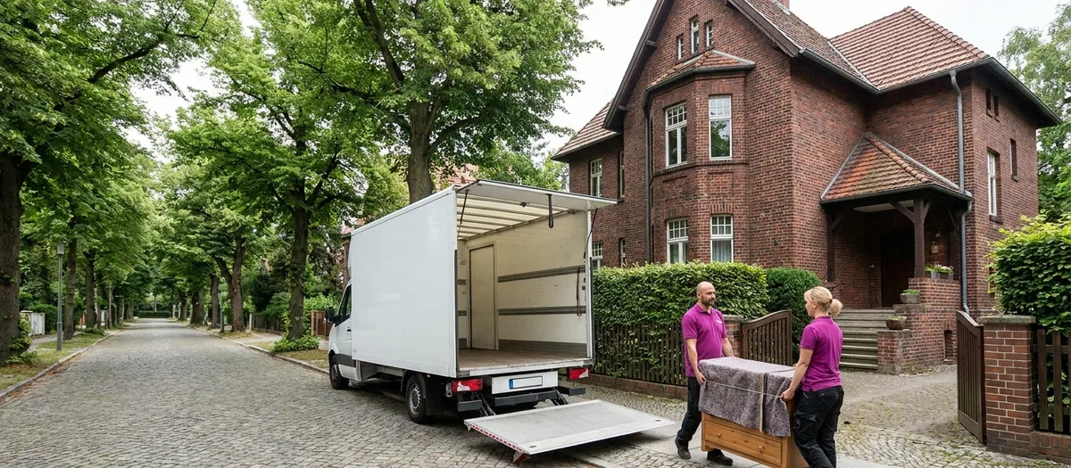 Möbelwagen mit heruntergelassener Ladebordwand in einer von alten Laubbäumen gesäumten Kopfsteinpflasterstraße in Neuenhagen bei Berlin, zwei Träger bringen eine in Decken gepackte Kommode zur Rampe